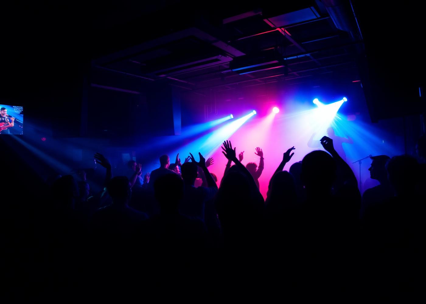 Crowd dancing under blue and red stage lights